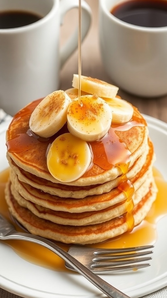 Fluffy banana oatmeal pancakes topped with sliced bananas and syrup on a white plate.